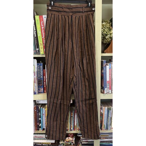Baldanza Women's Brown Black Striped Linen Cotton Pant 6 8 Small Vintage Tapered - Picture 1 of 5